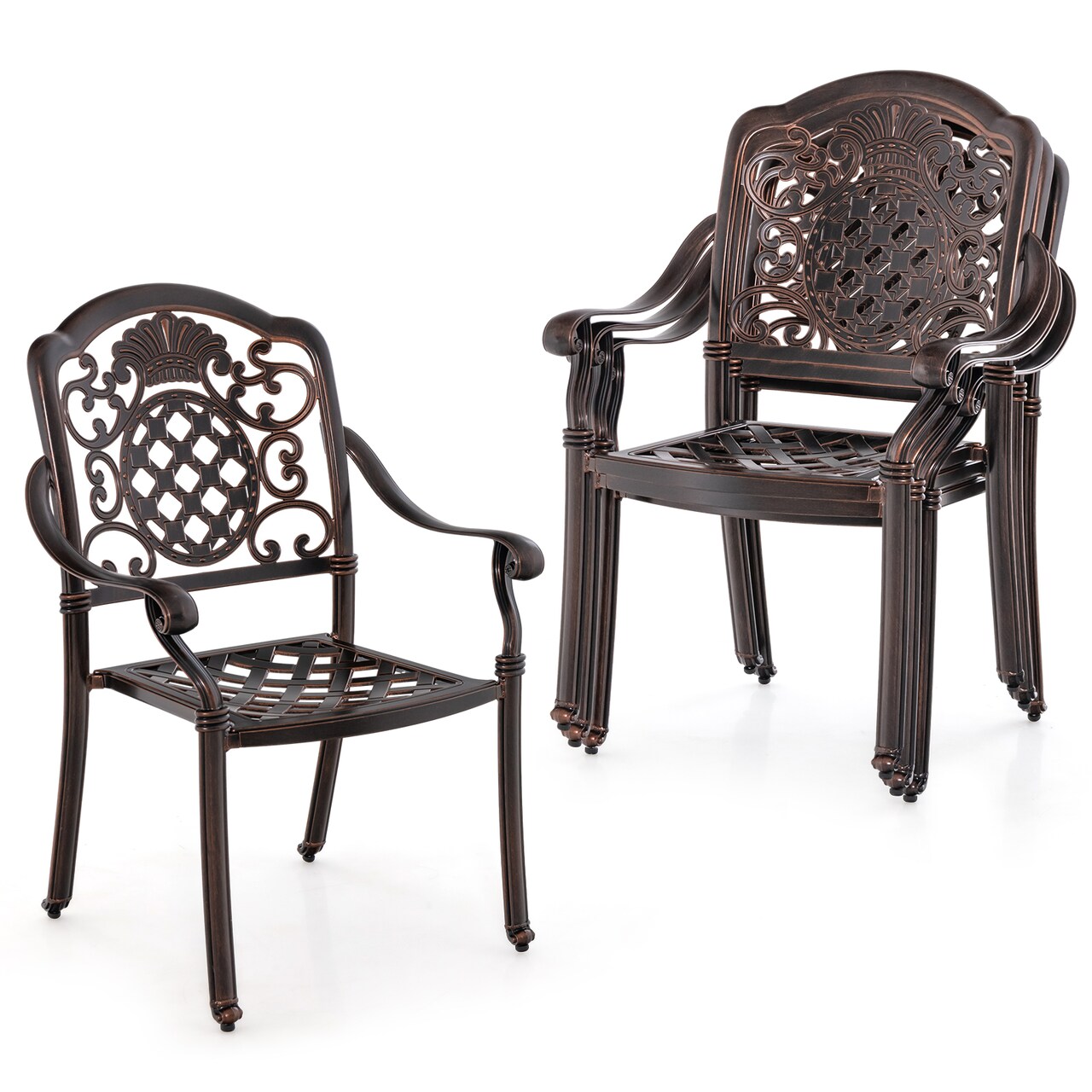Costway 2/4 PCS Patio Cast Aluminum Chairs Outdoor Metal Armchairs with Ergonomic Curved Seat Red Copper